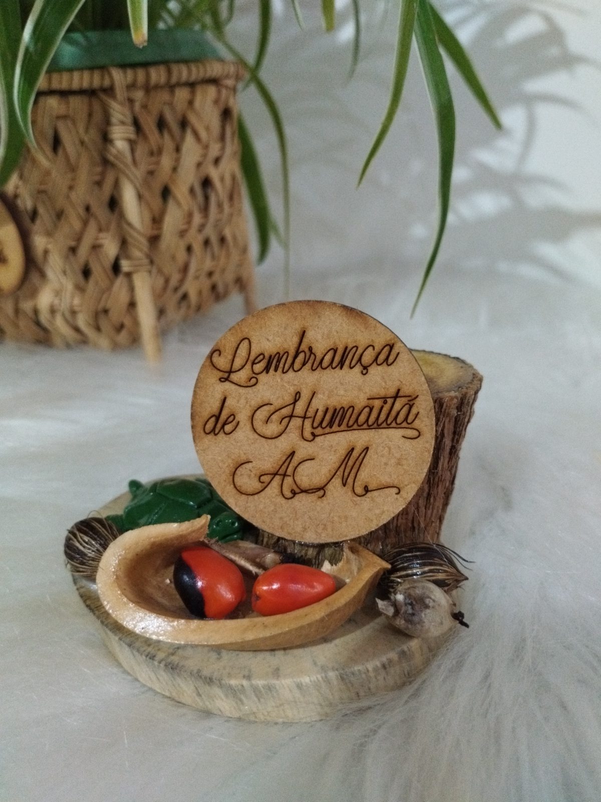 Porta-canetas de madeira com placa Lembrança de Humaitá AM, tartaruga verde, sementes e cuia