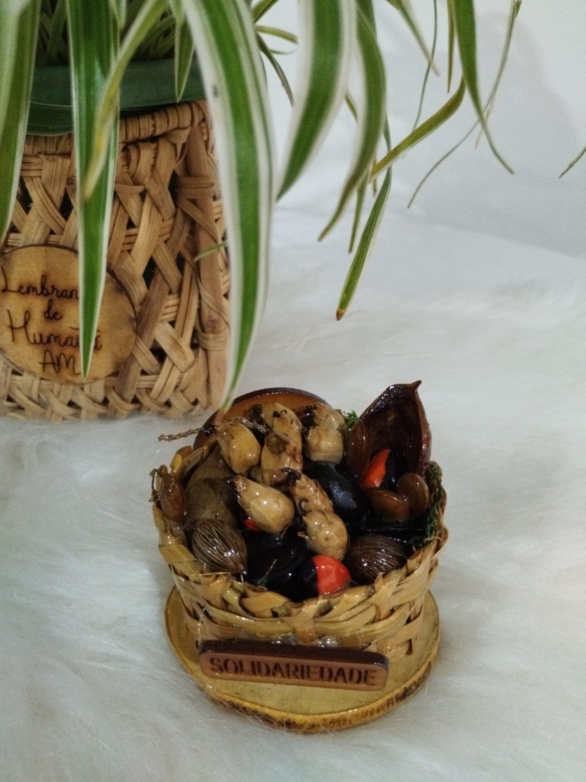 Cestinha de cipó ambé com sementes da Amazônia e placa de madeira com a palavra Solidariedade